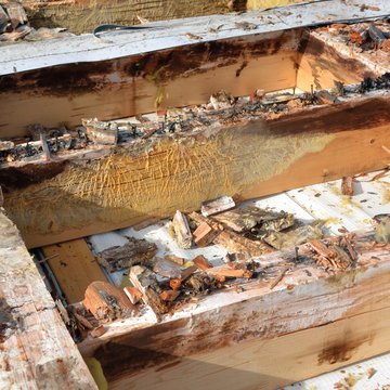 Bauschaden Flachdach offene Konstruktion mit herausgenommener Dämmung es ist eine total zerstärte Holzkonsstruktoion zu sehen